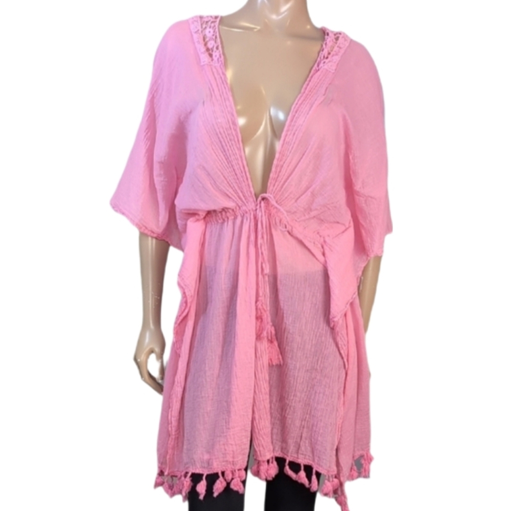 Charlie Paige Pink Tassel Swim Cover Up Womens One Size Boho Crochet Kaftan